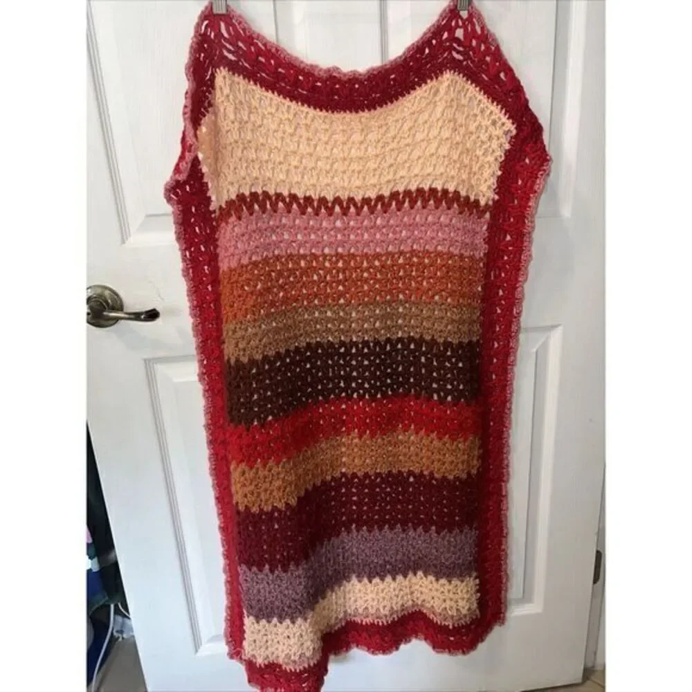 VTG Granny‎ Knit Afghan Lap Throw Hand Made Fall Colors 3.2F X 2.1F (39